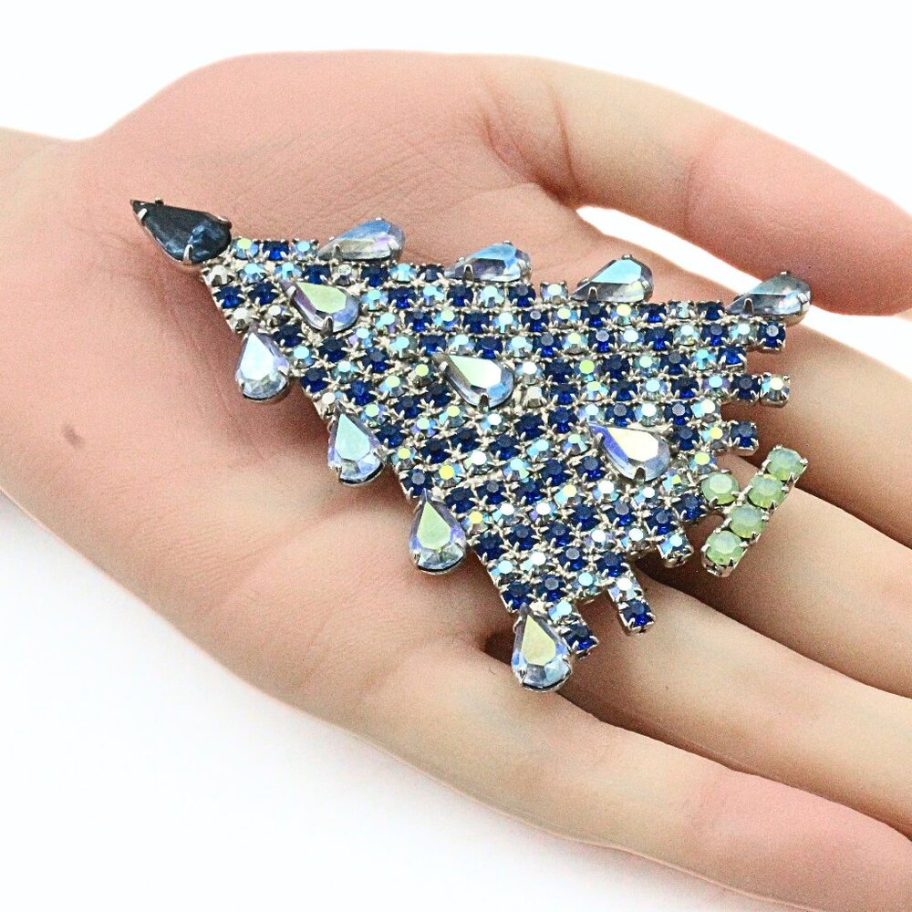Ravishing Dominique Rare! Large Blue AB Crystals Rhinestone Christmas Tree Brooc